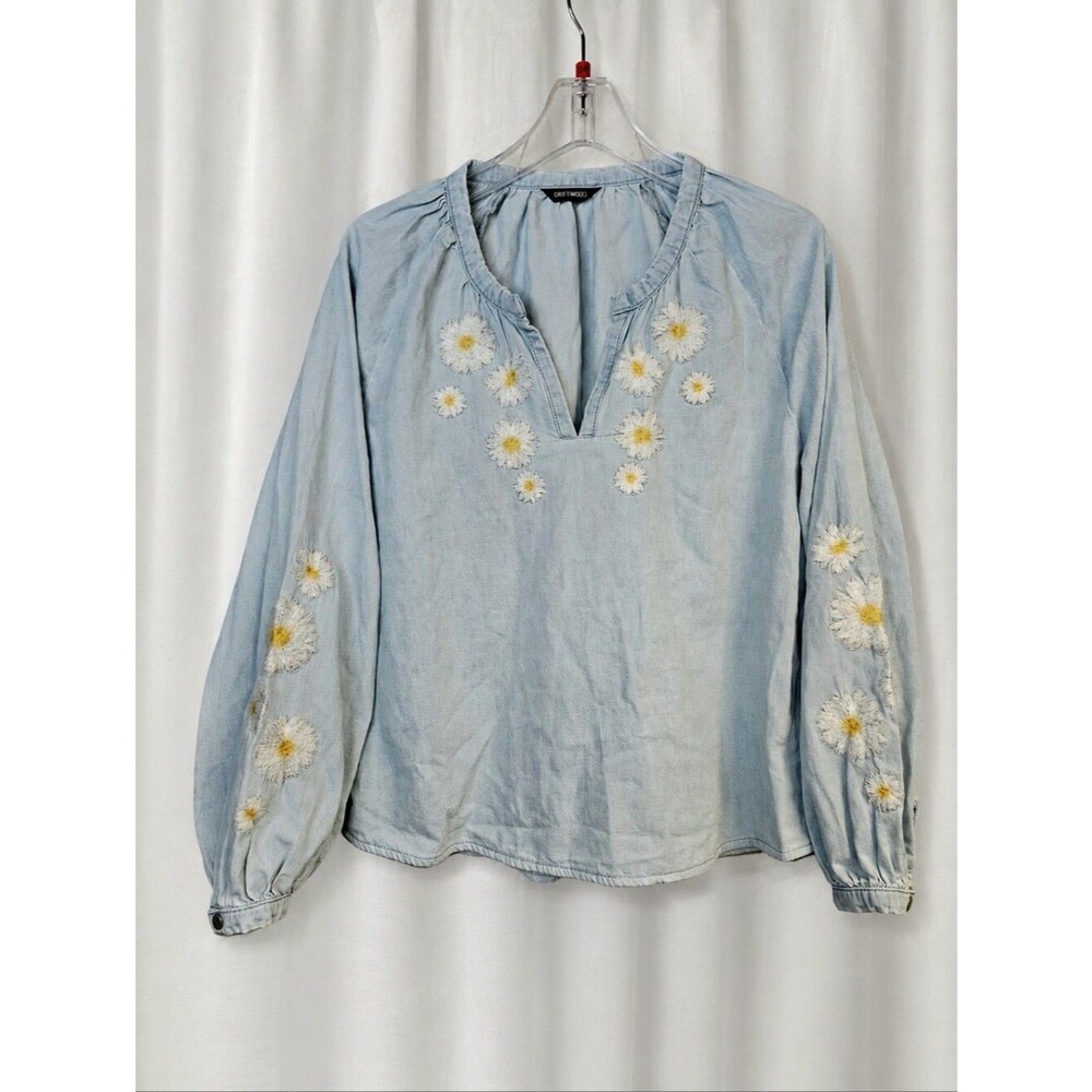 Driftwood Daisy Daydream Light Wash Chambray Daisy Embroidered Split Neck Blouse